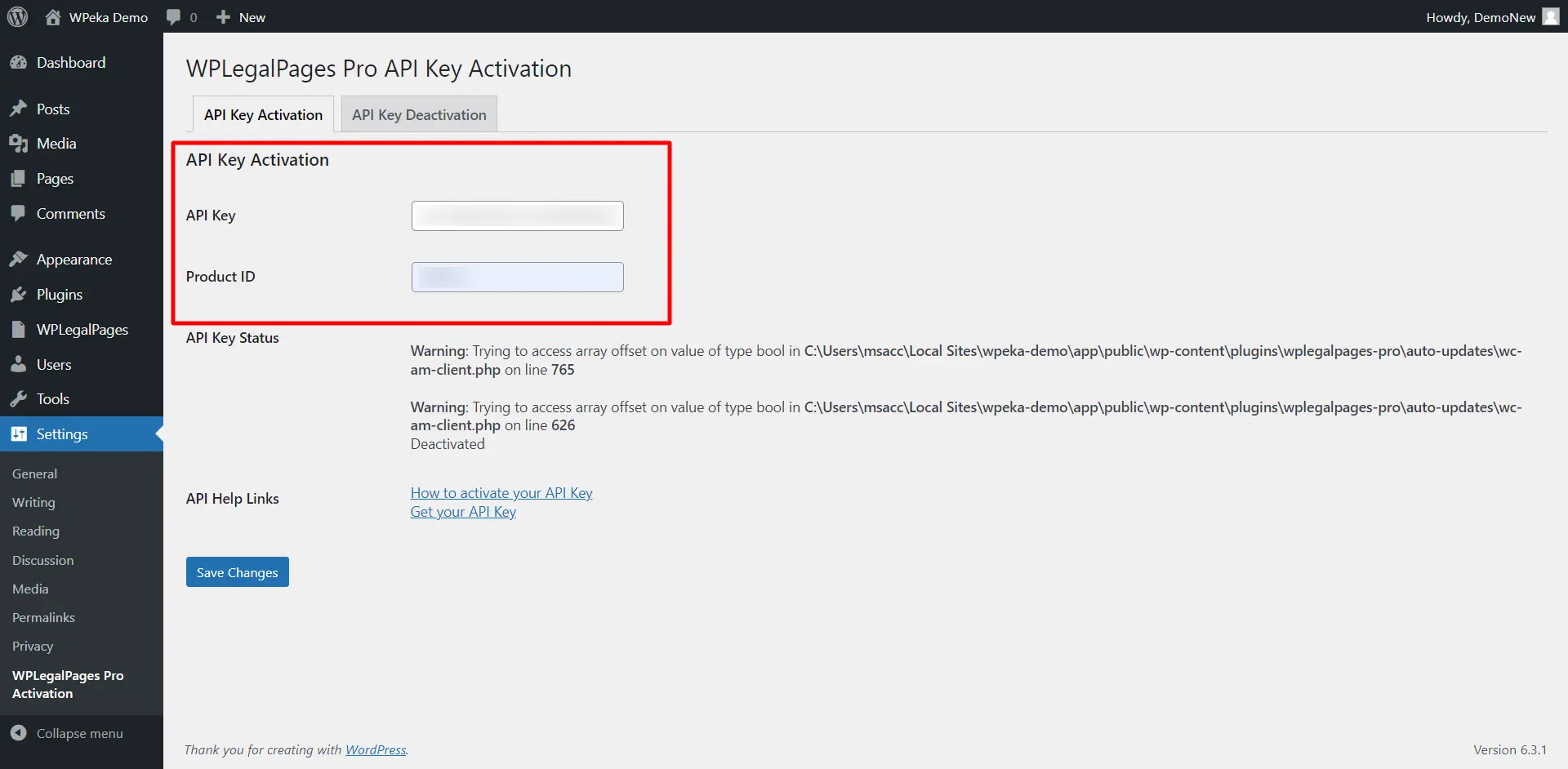 WP Legal Pages> activate API keys