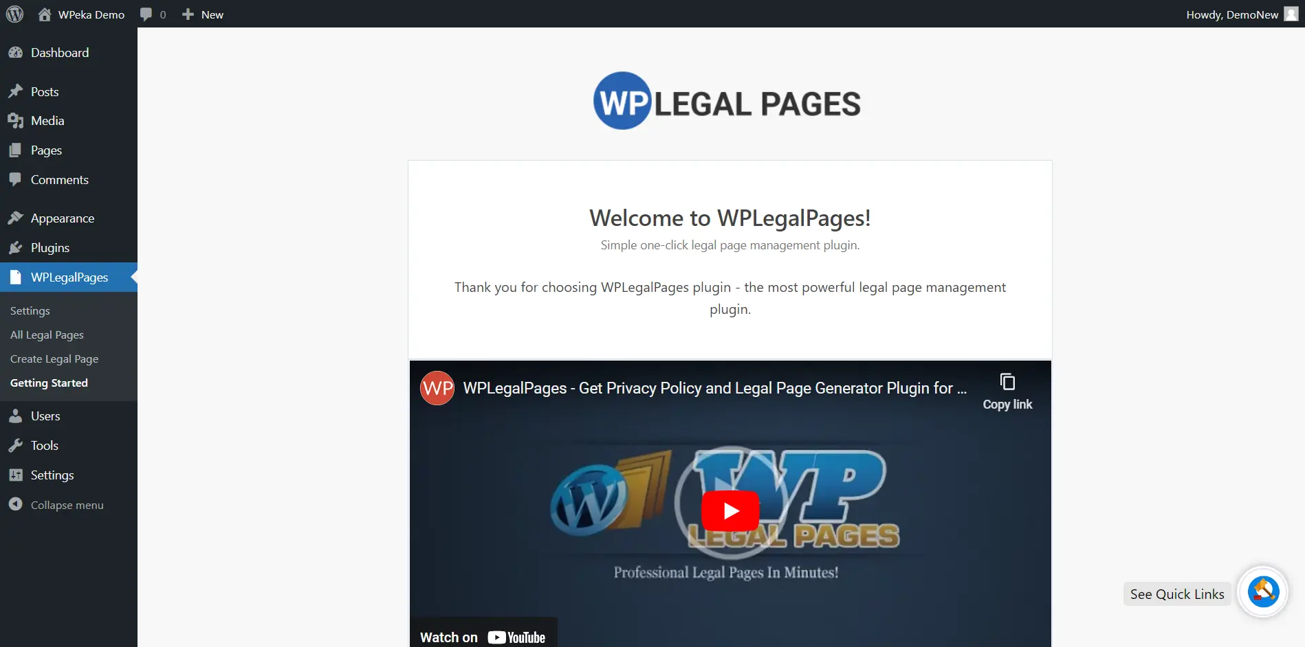 WP Legal Pages> welcome page