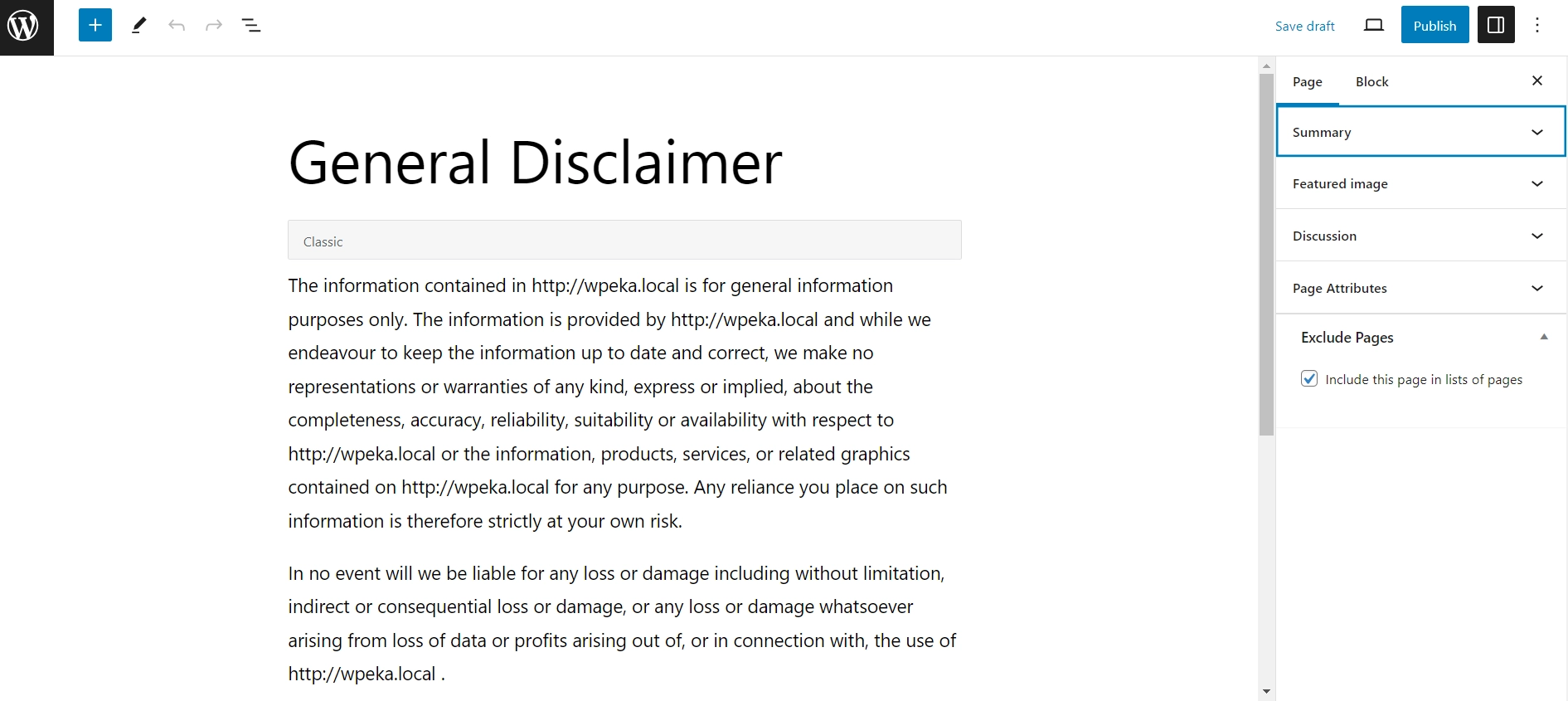 WordPress editor to edit the disclaimer page