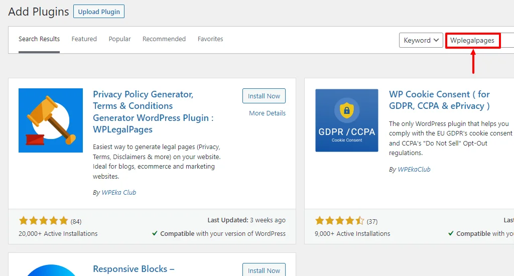 Search for WPLegalPages in the WordPress plugin's search bar