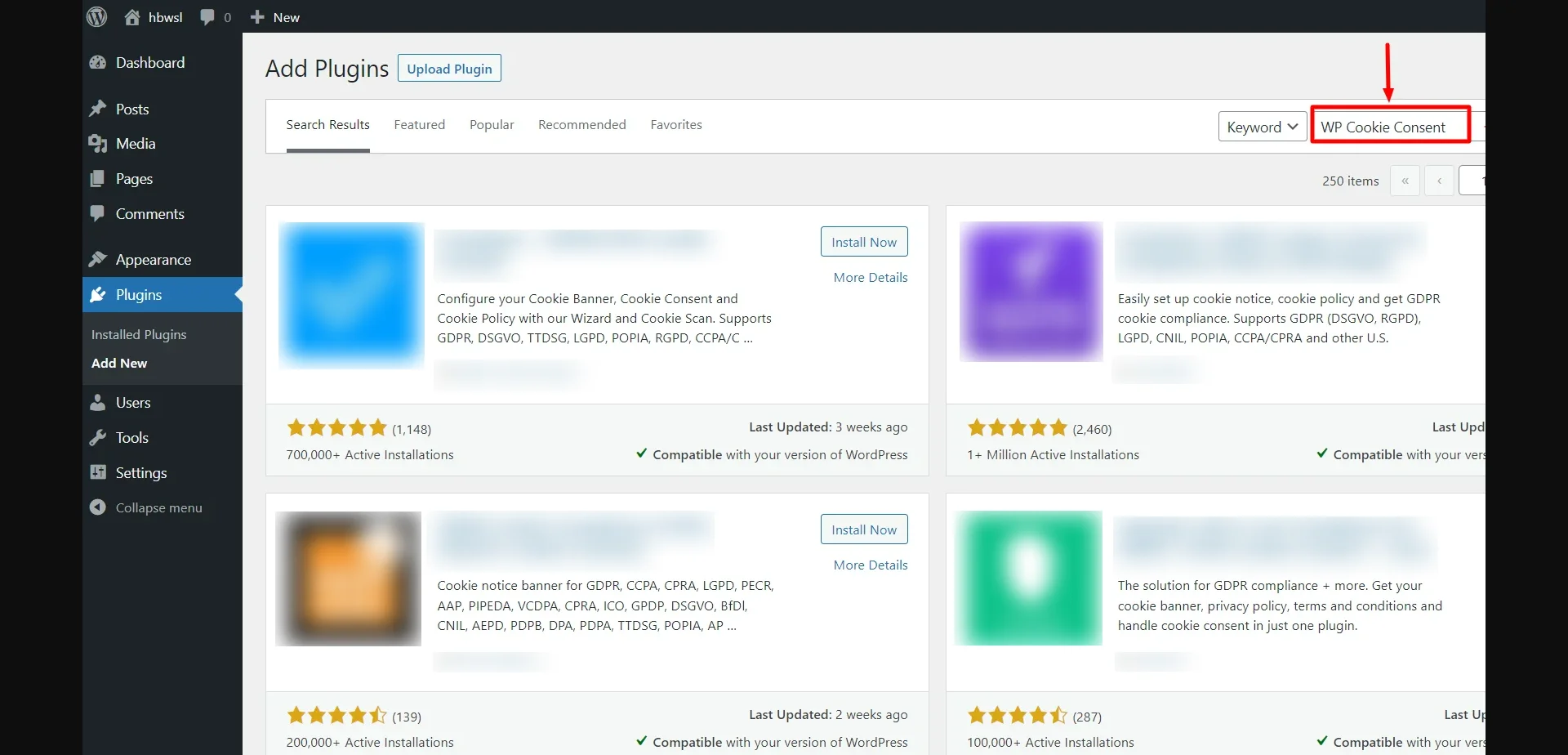 Searching the WP Cookie Consent plugin