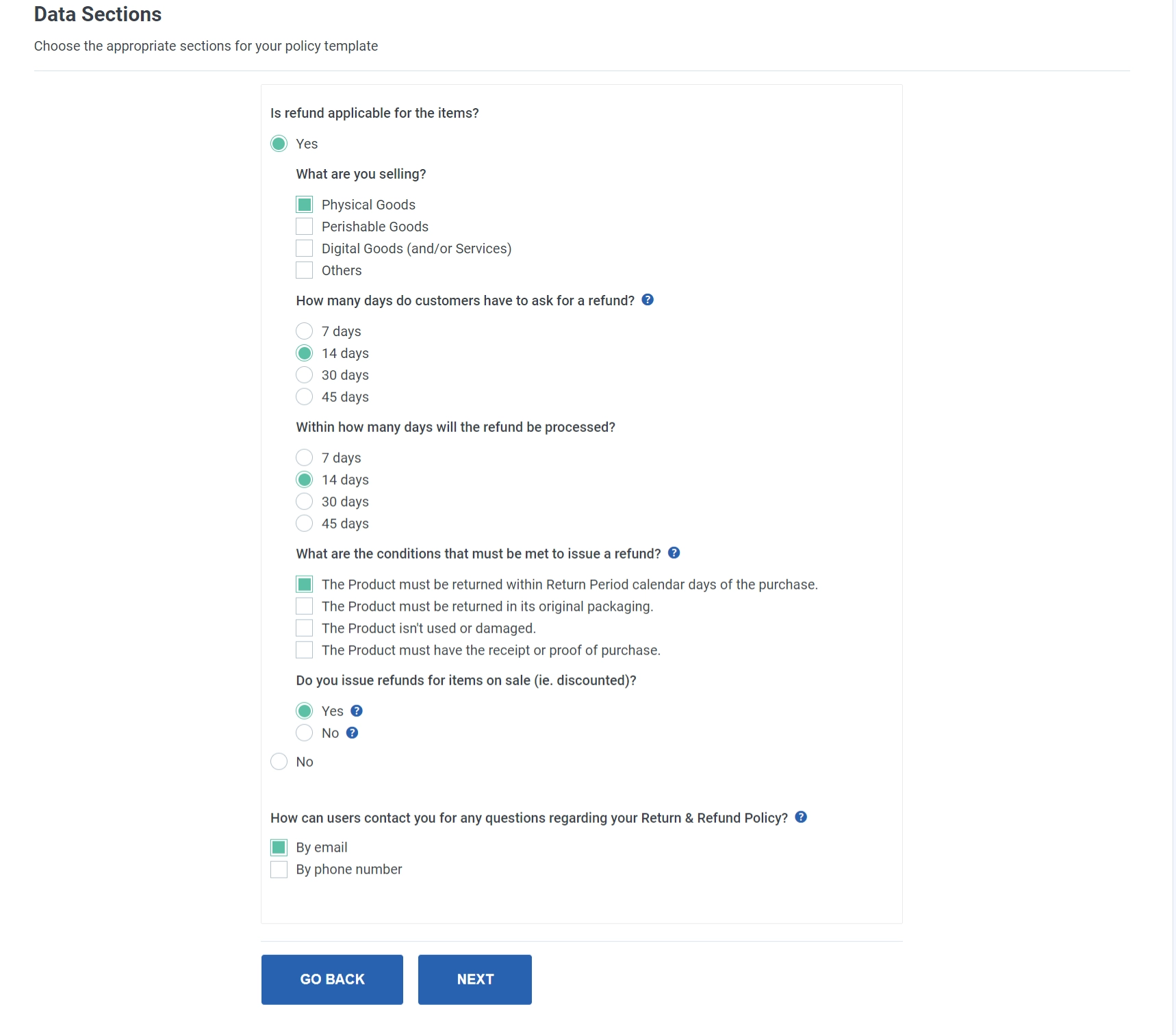 Data Selction Information for legal pages