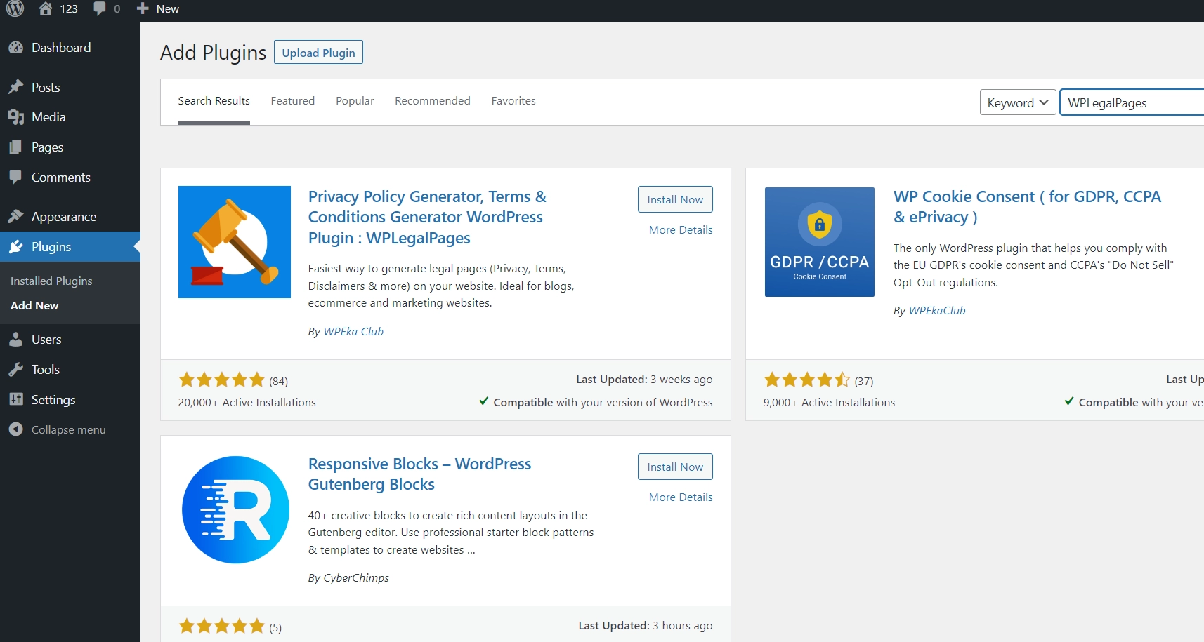 Searching Wp legal pages plugin
