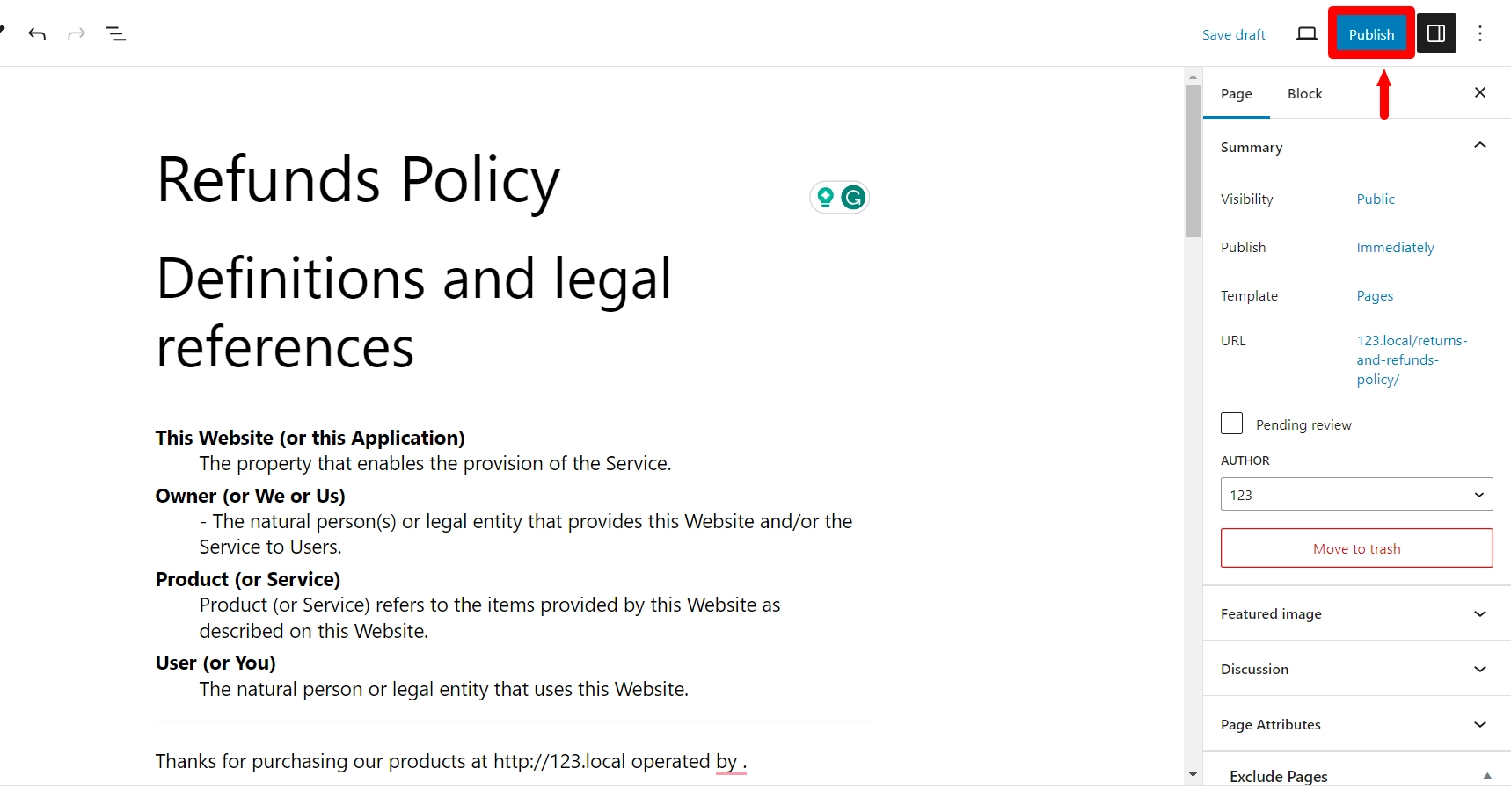 Reviewing and publishing the page