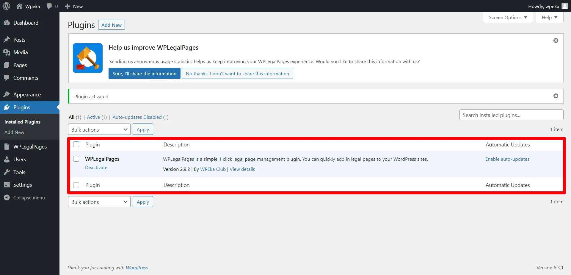 Wp legal pages Dashboard