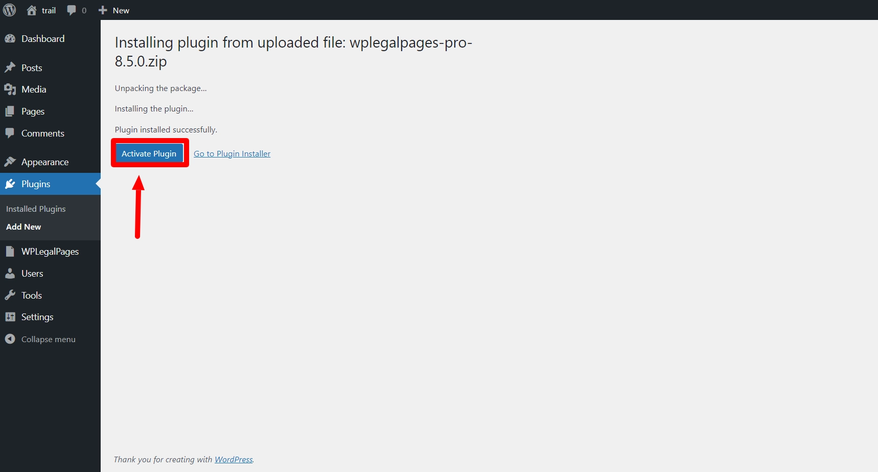 Activating the plugin