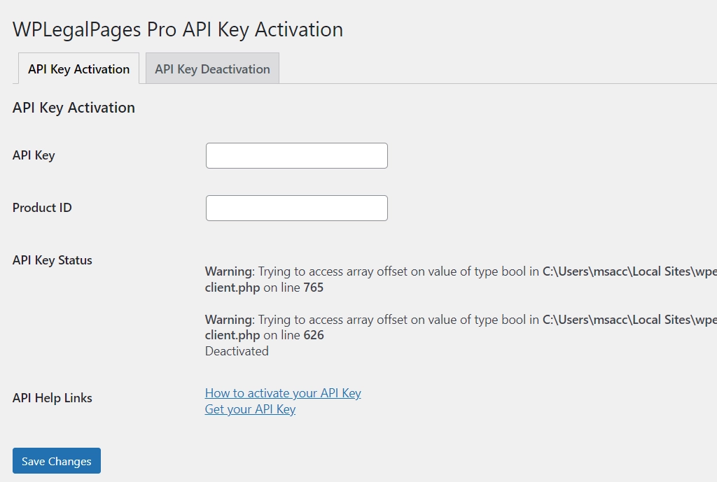 API key activation page