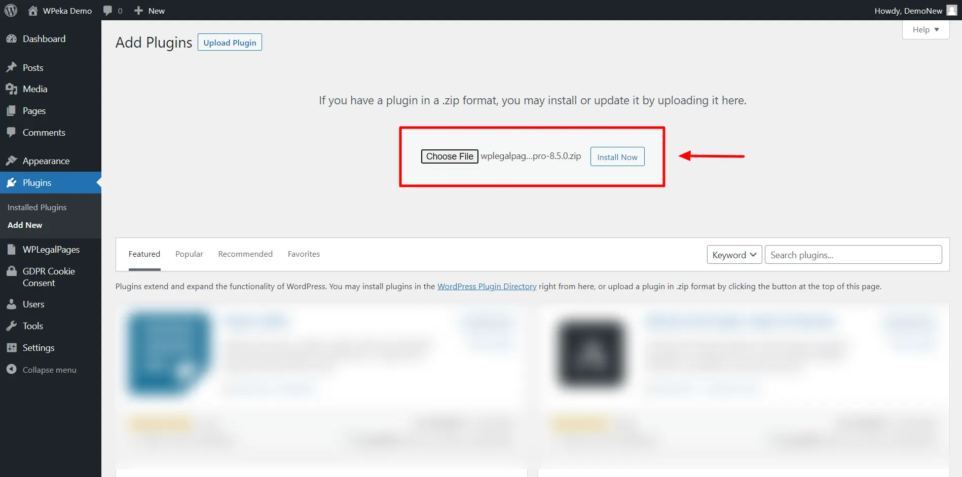 WP Legal Pages> Upload Plugin and install