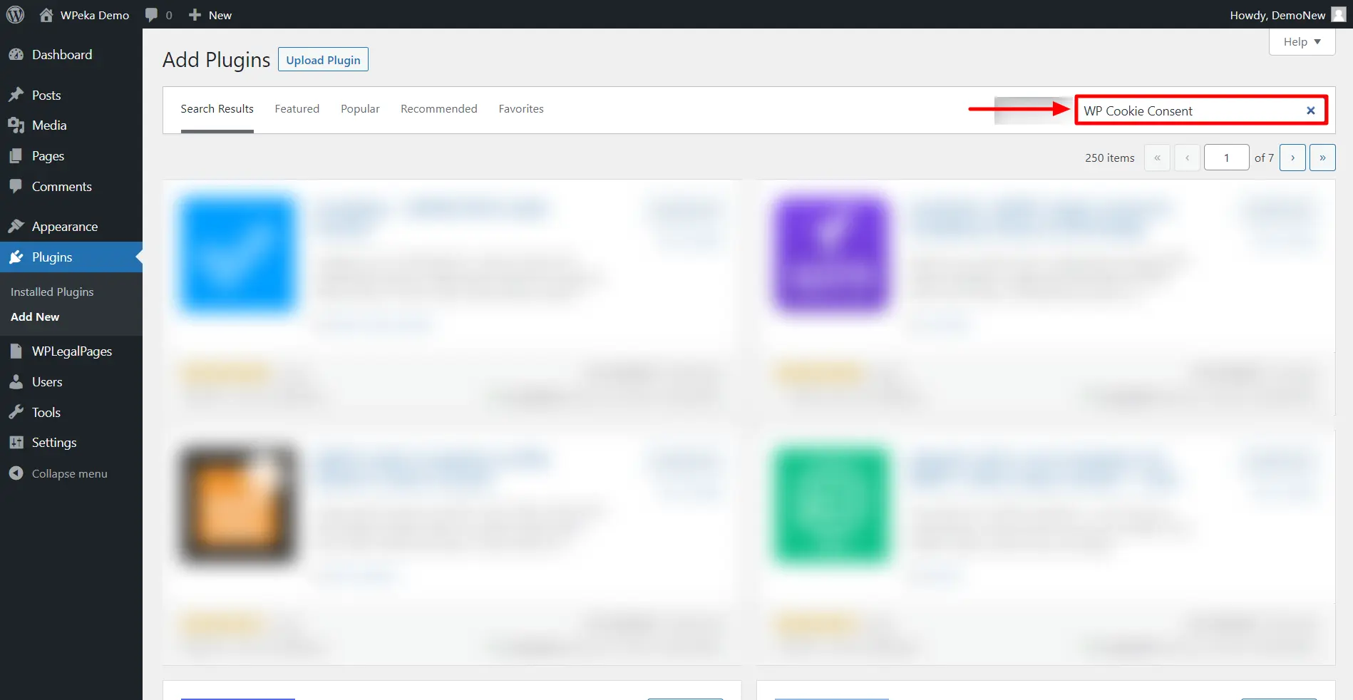 WP Cookie Consent in the search bar