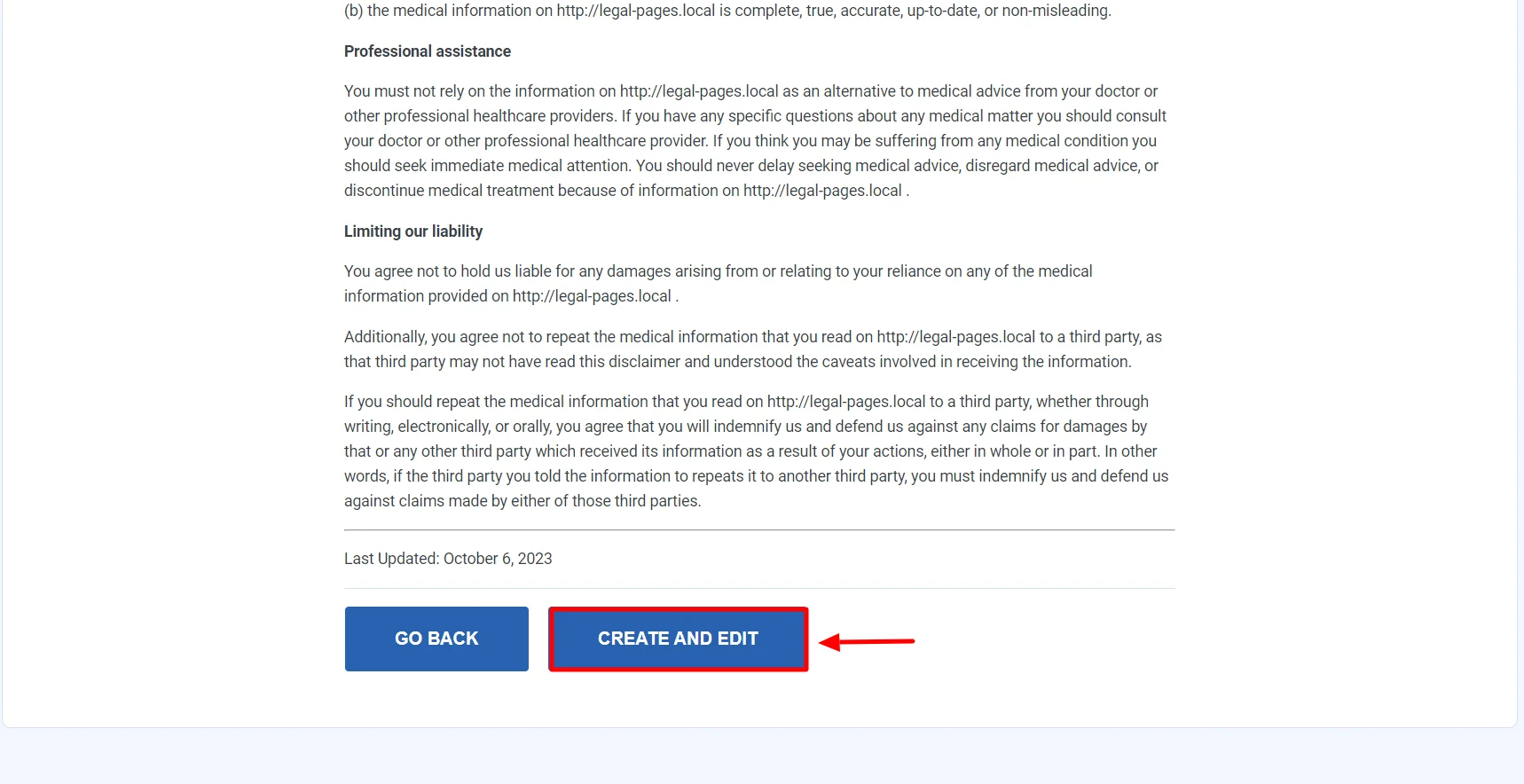 Editing the medical disclaimer page