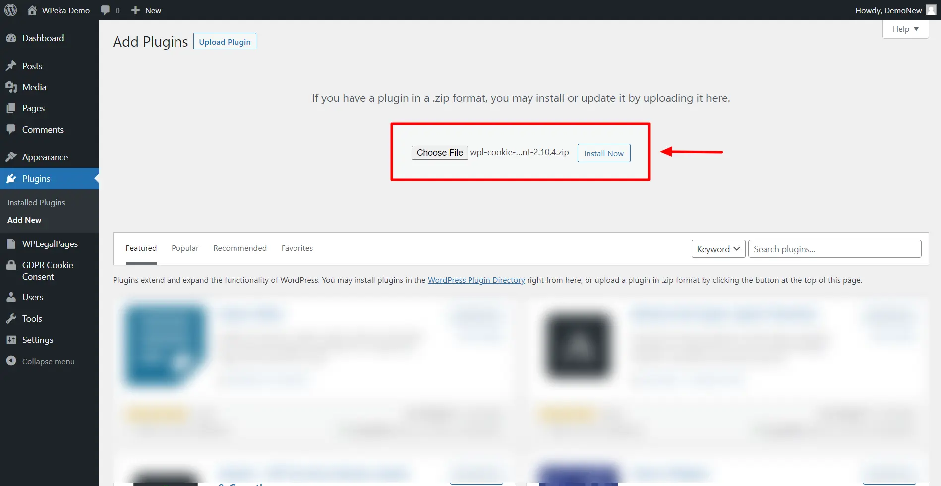 Upload the downloaded WP Cookie Consent Pro zip file