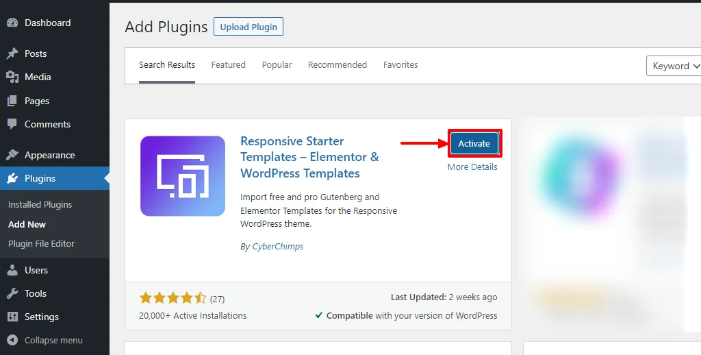 Activate Responsive Starter Templates plugin