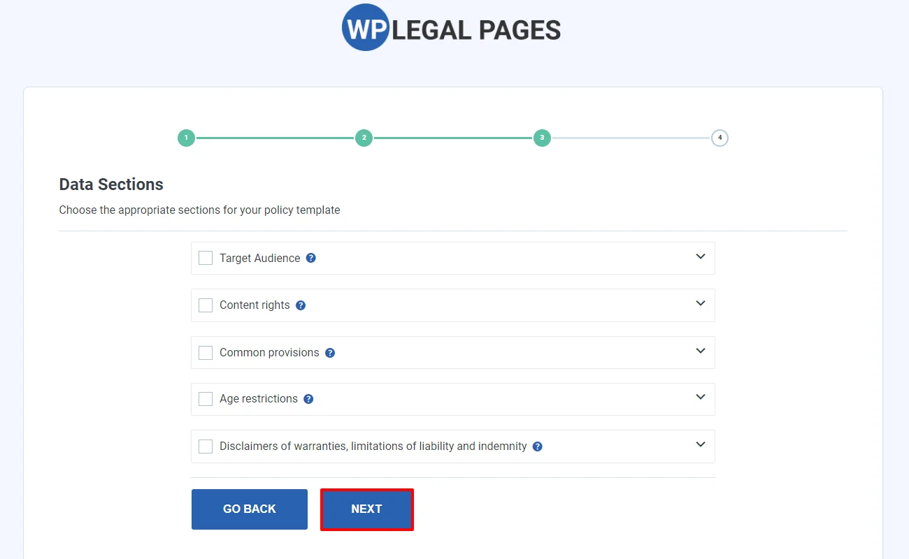 Data section for terms and conditions