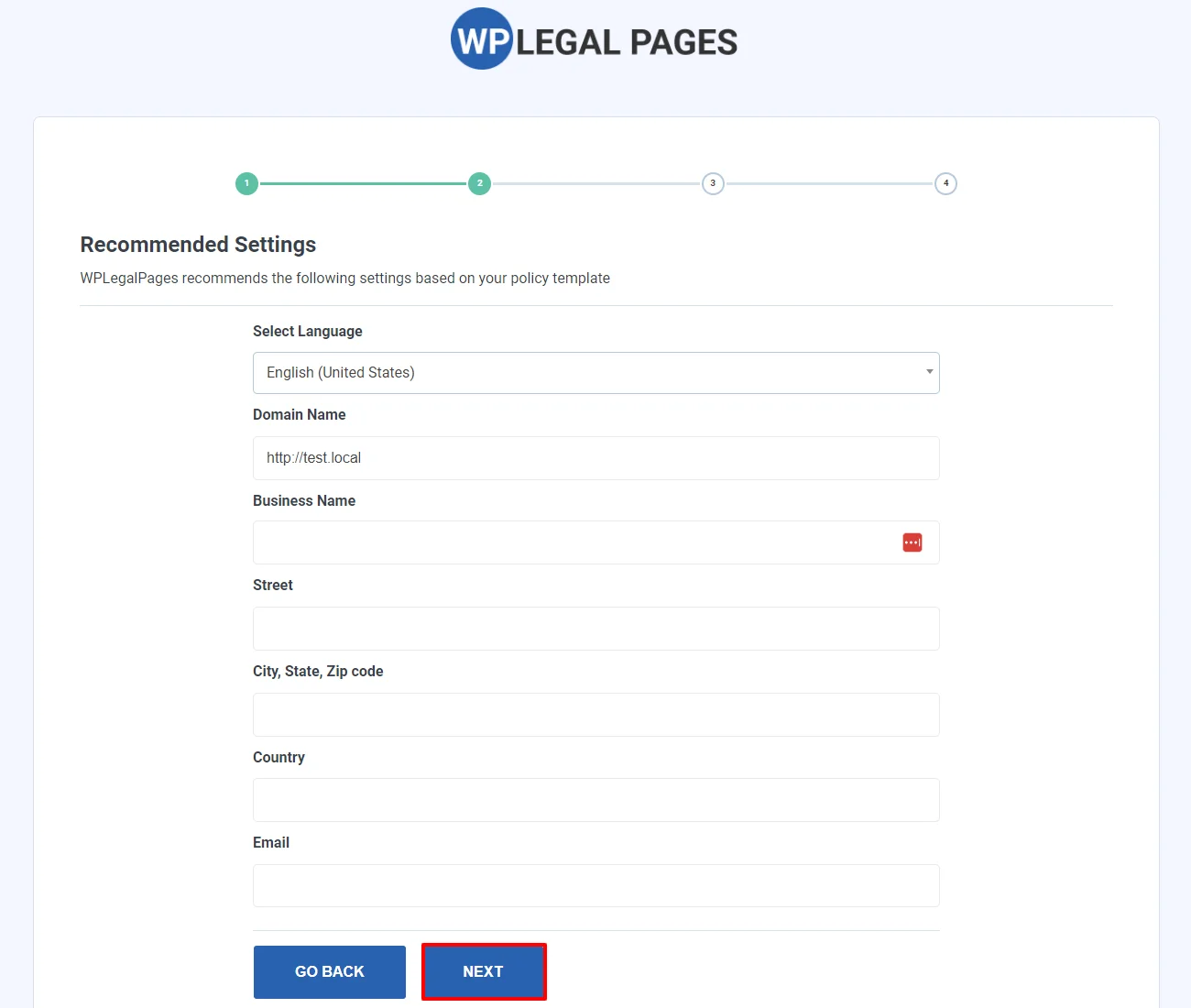 Recommended settings for terms and conditions page
