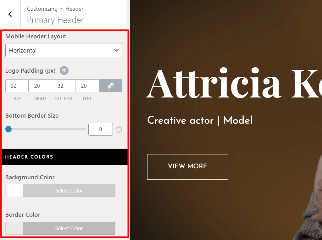 Primary header more settings
