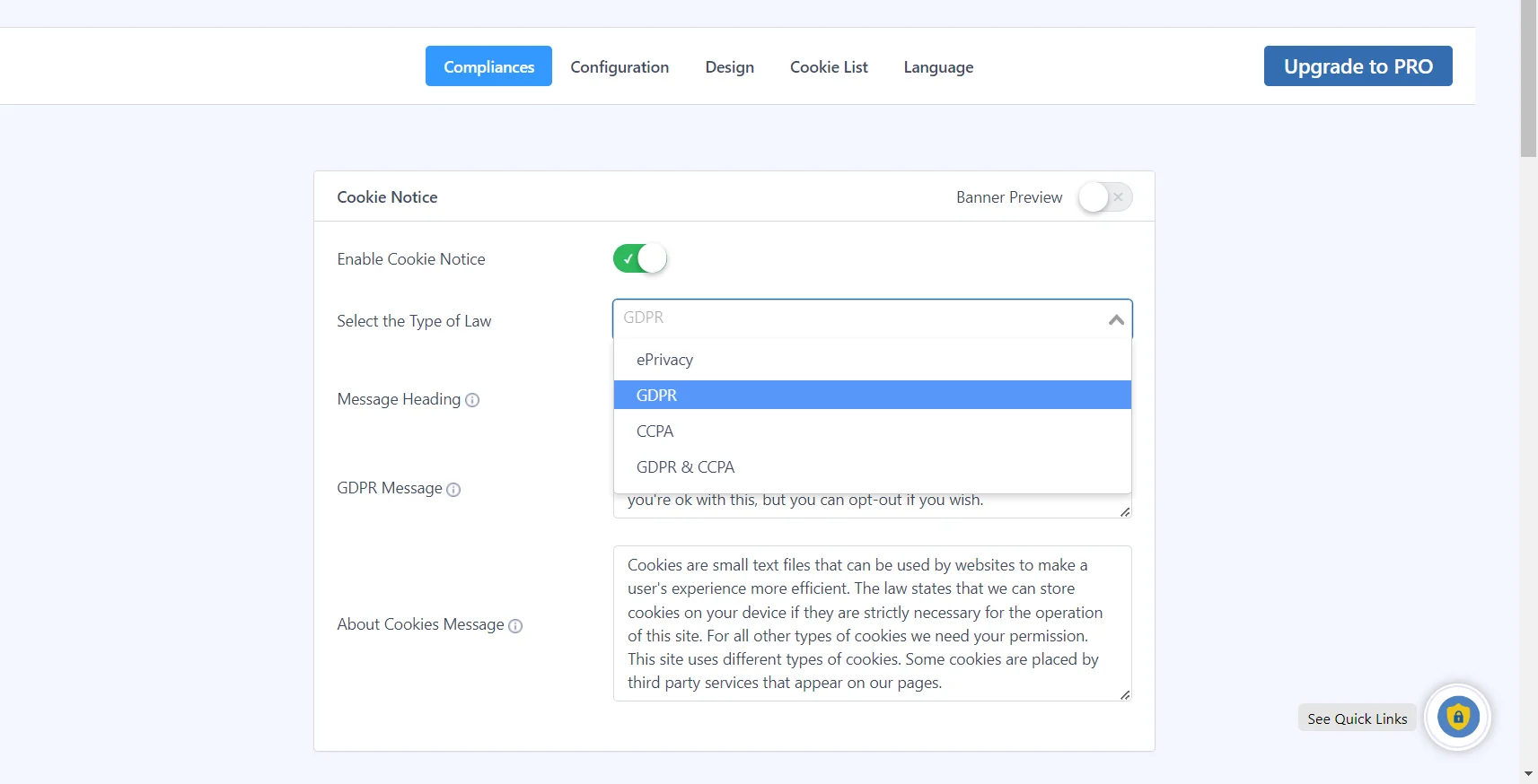 Compliances tab- WP Cookie Consent Vs Complianz review