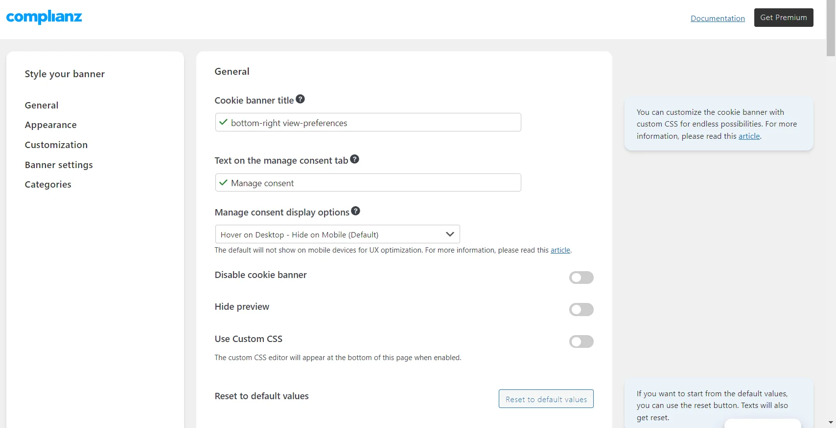 General tab- Complianz