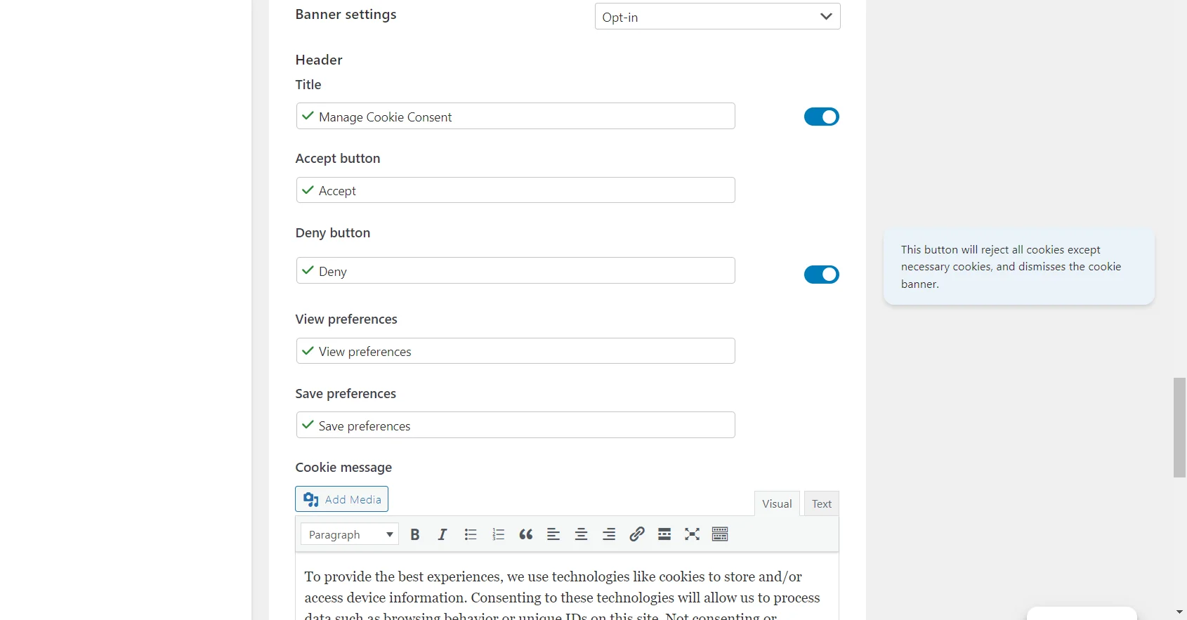 Banner setting- WP Cookie Consent Vs Complianz review
