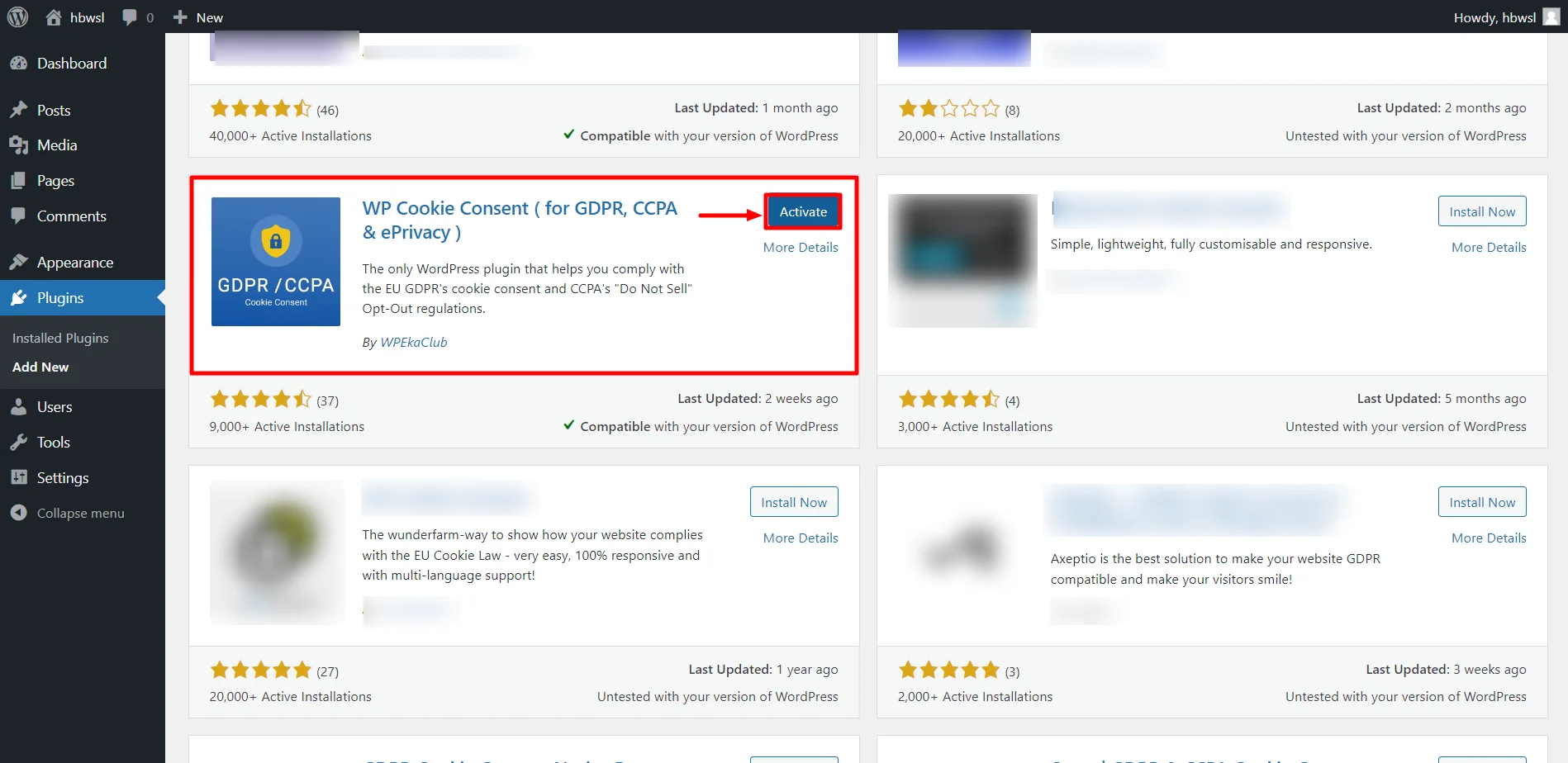 Activate the WP Cookie Consent plugin