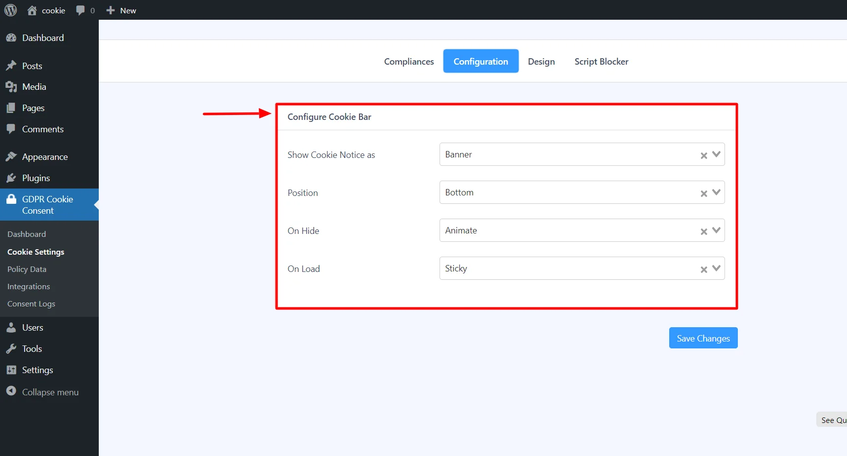 Configure Cookie bar tab