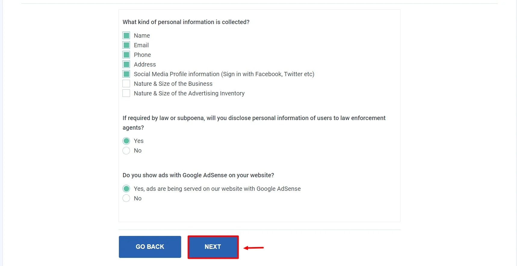 Filling out the data sections