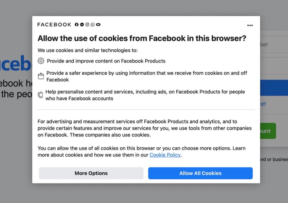Facebook cookie banner