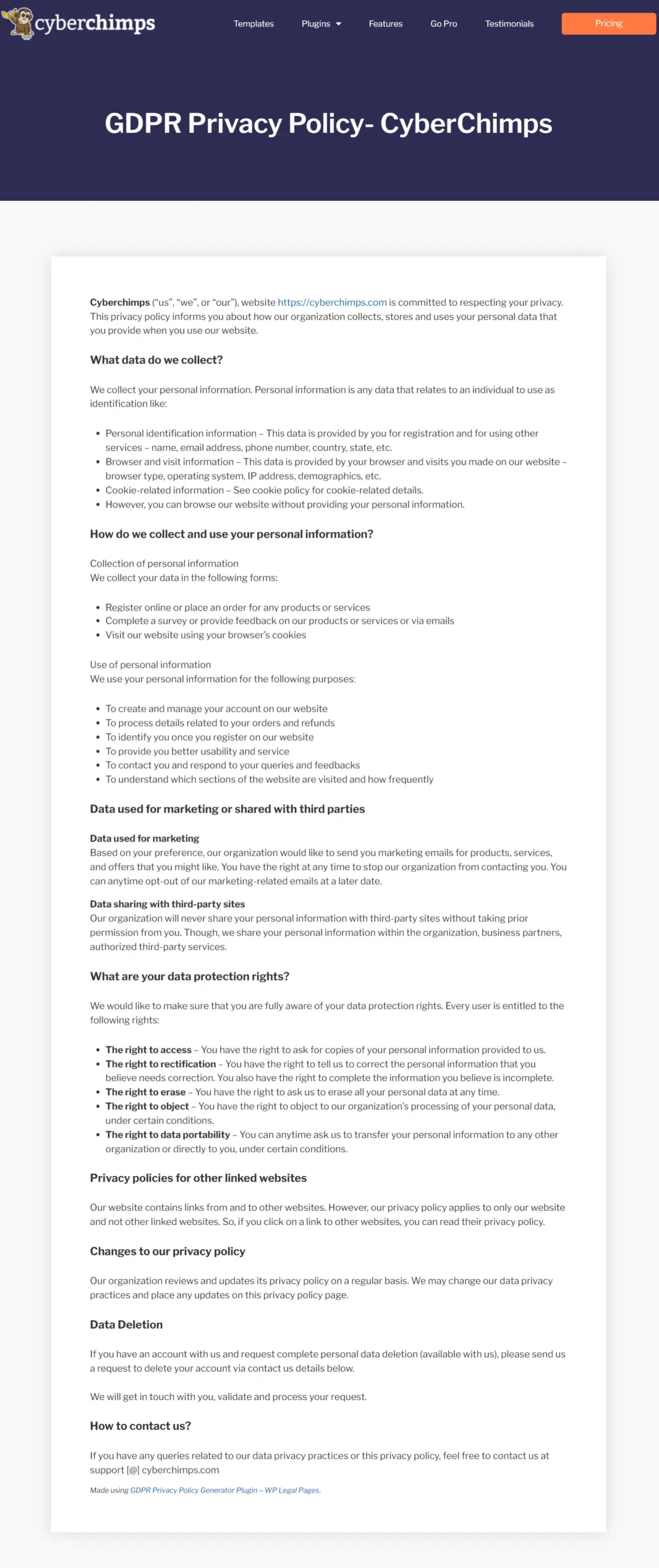 Cyberchimps Privacy policy example