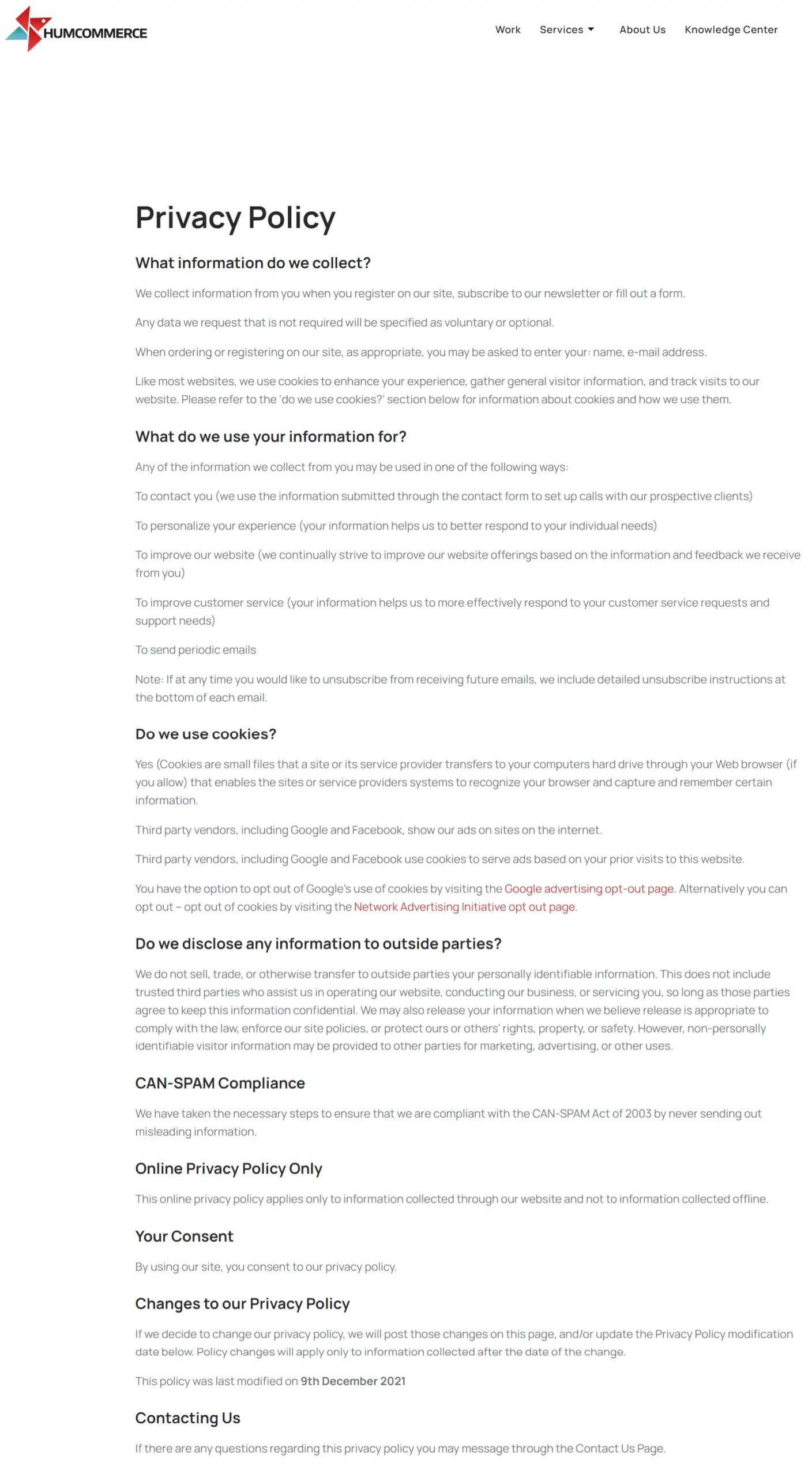 HumCommerce Privacy Statement