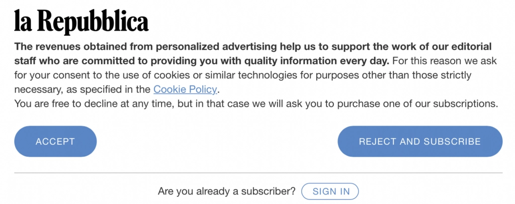la Repubblica cookie banner