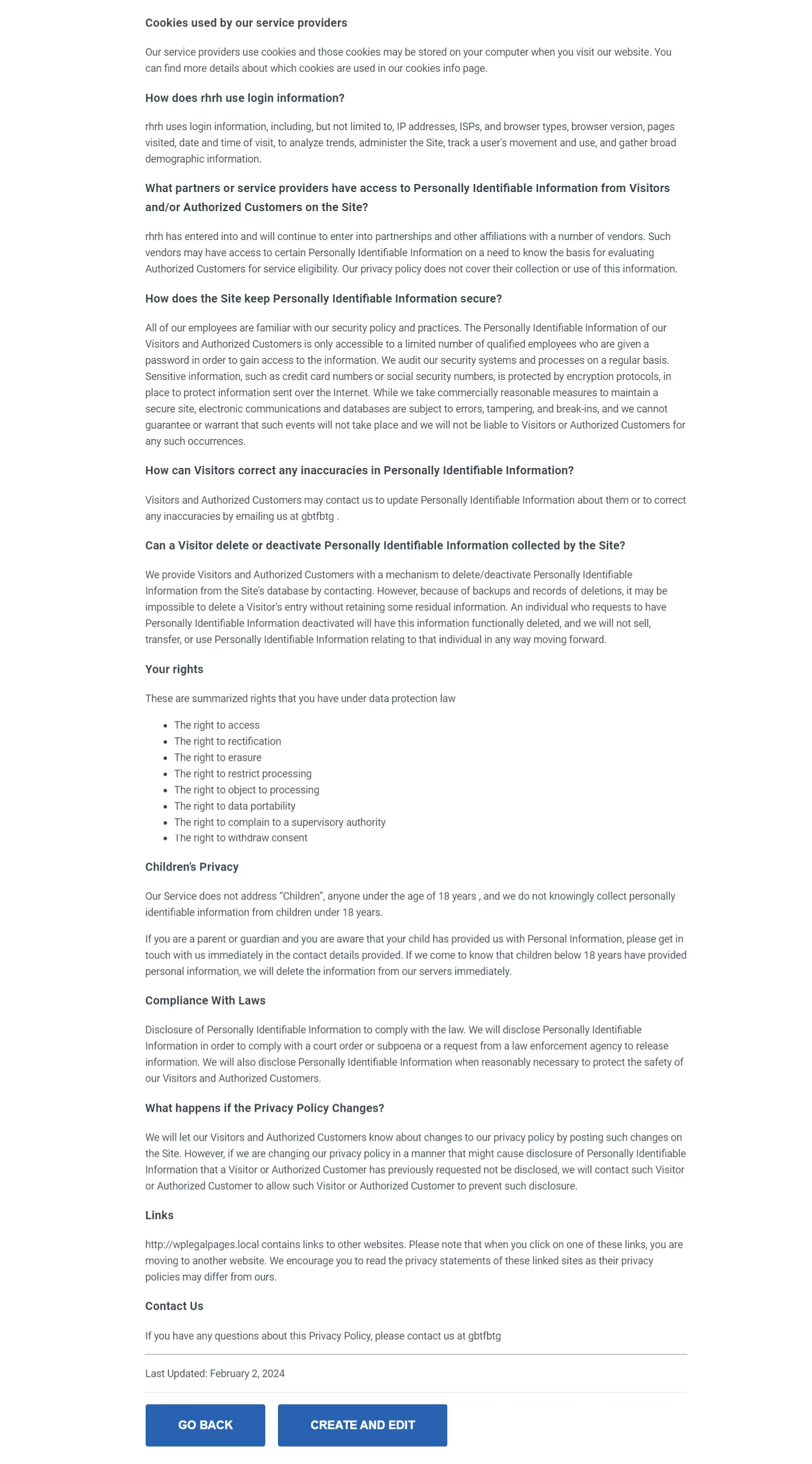 WP Legal Pages' privacy policy example 1