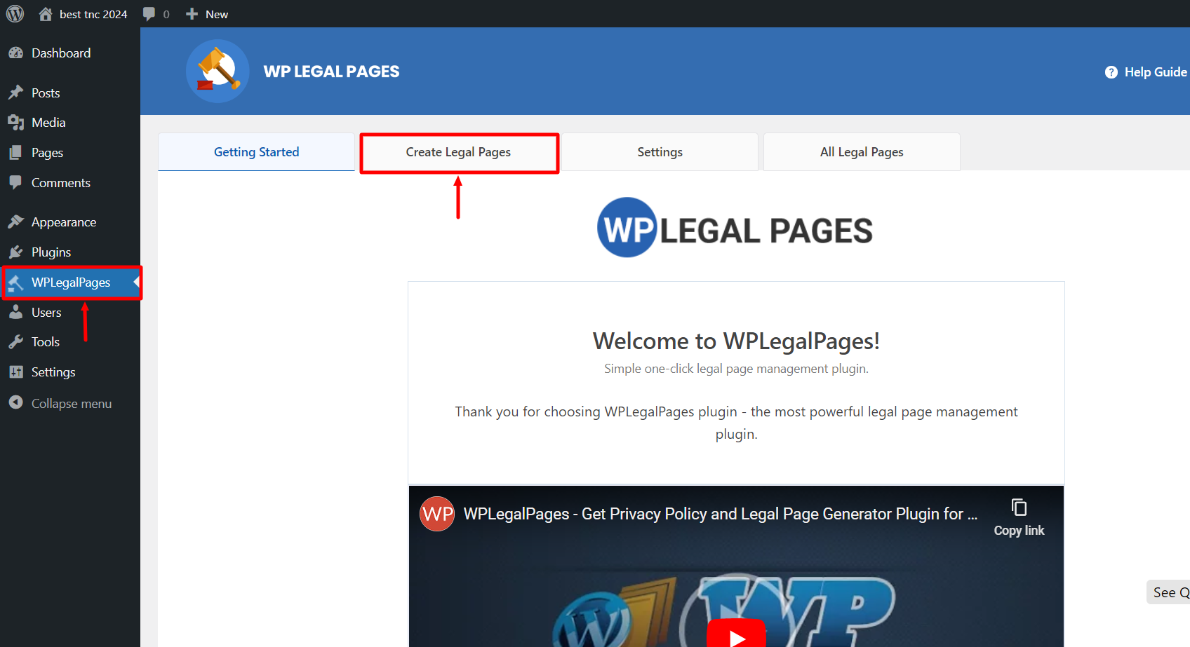 Choosing Create Legal Pages from WPLegalPages in dashboard.