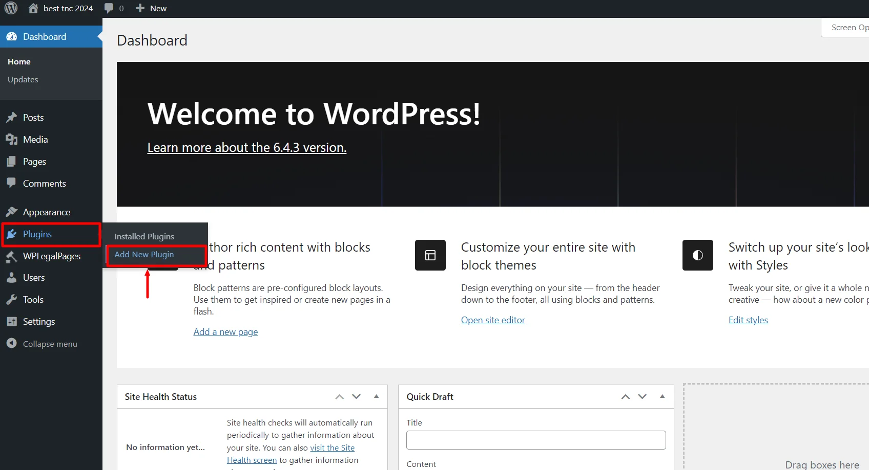Adding new WPLegalPages Pro plugin from dashboard.