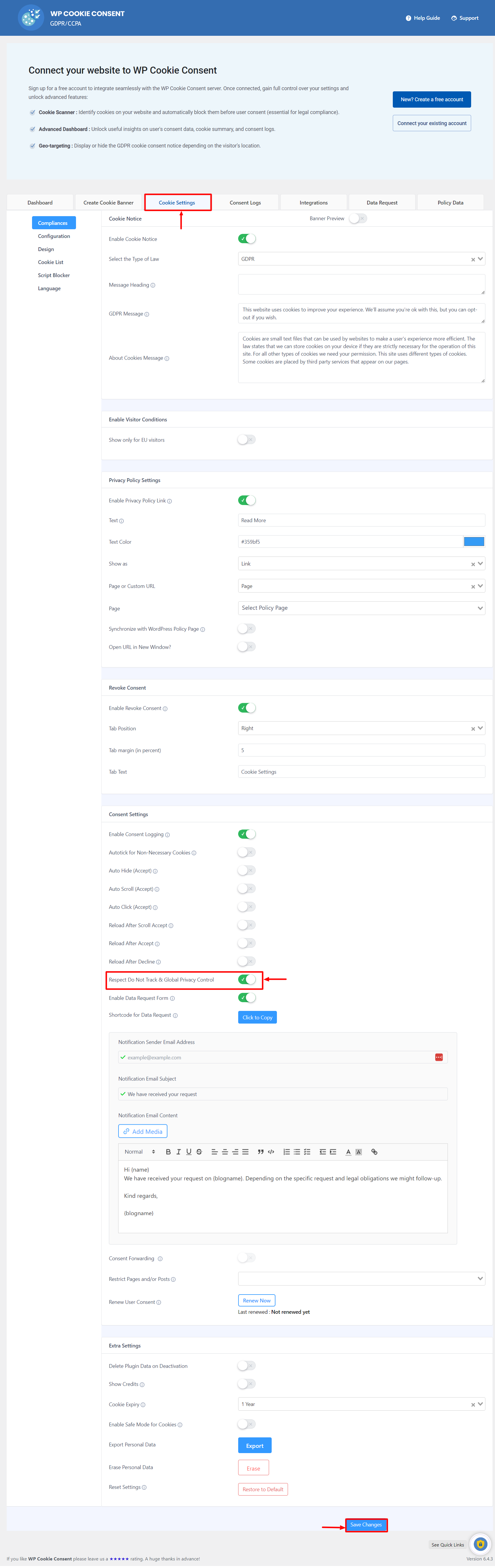 Toggling on Global Privacy Control in cookie settings