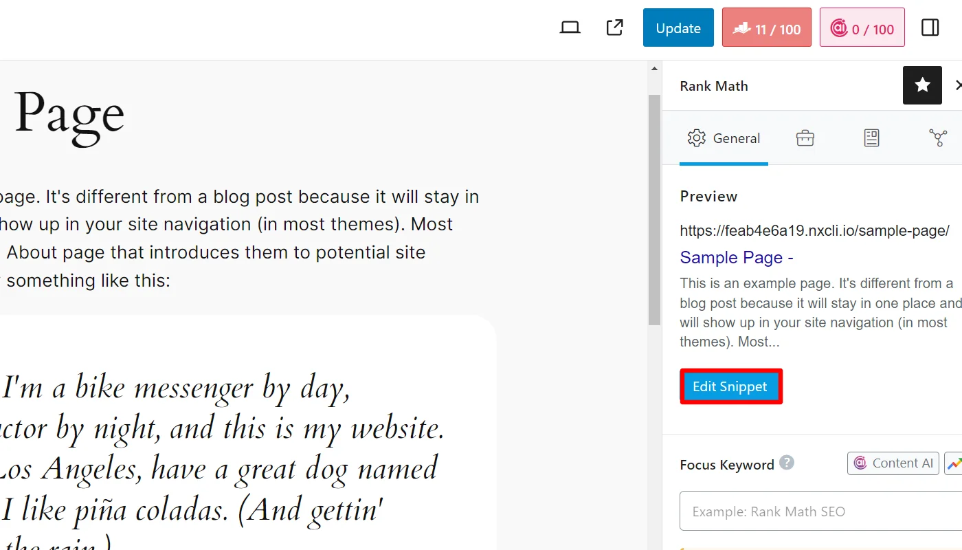 Clicking on edit snippet