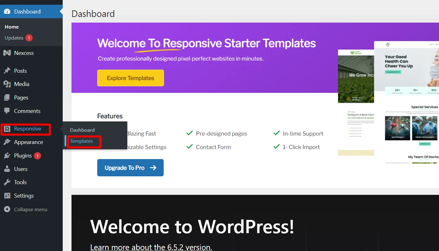 Navigating dashboard and clinking templates