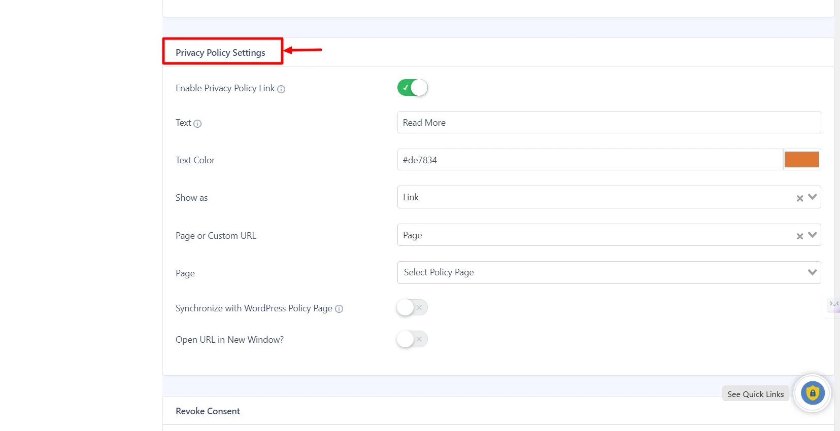 Enabling privacy policy link