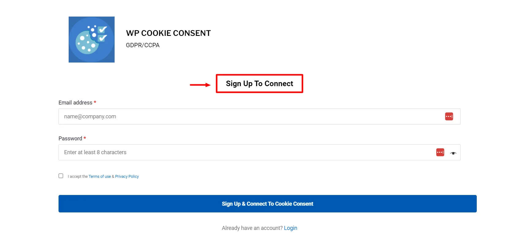 Signup page for creating account
