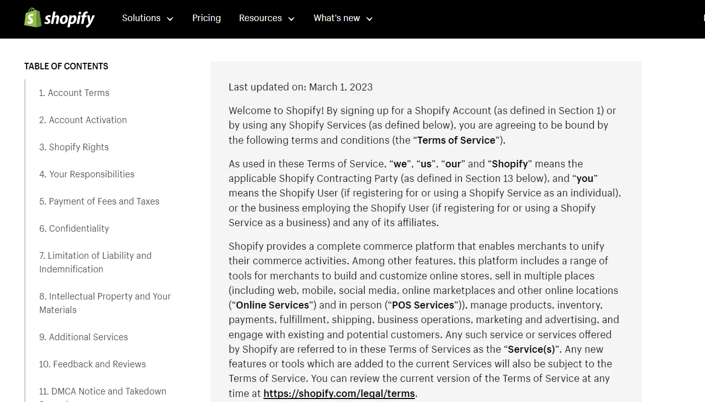 Shopify’s Terms and Conditions