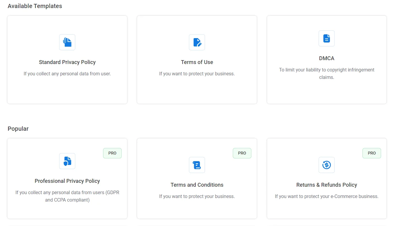 Selecting any Legal template