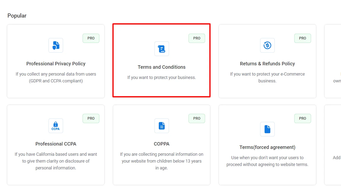 Choosing terms and conditions template
