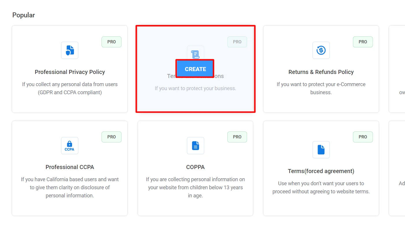 Choosing and creating Terms & Conditions page