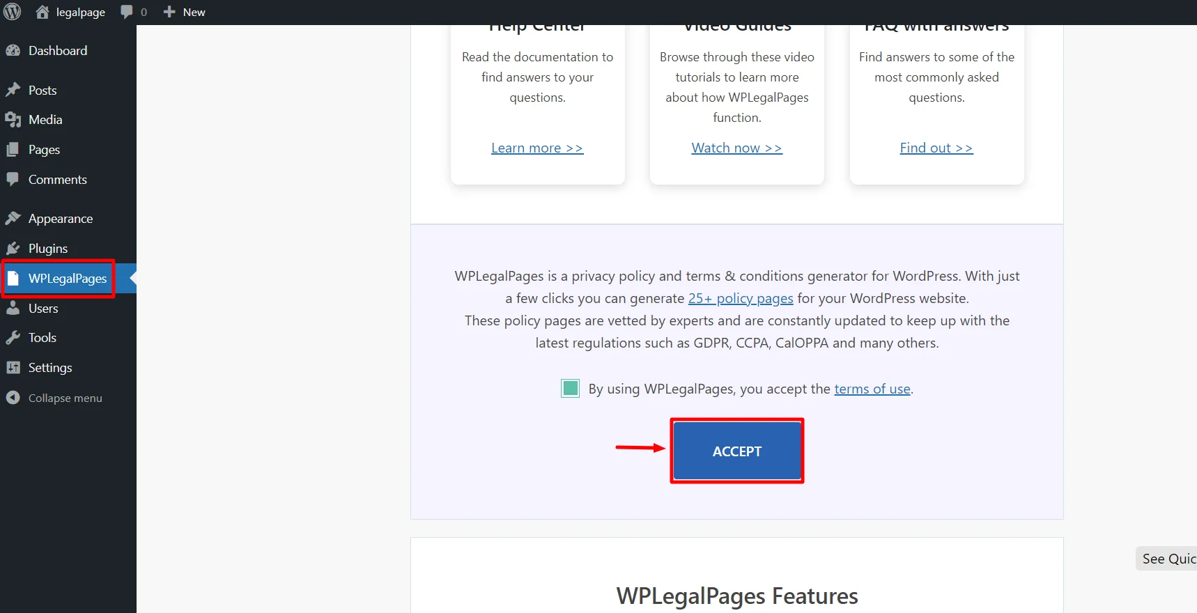 Accepting terms of use