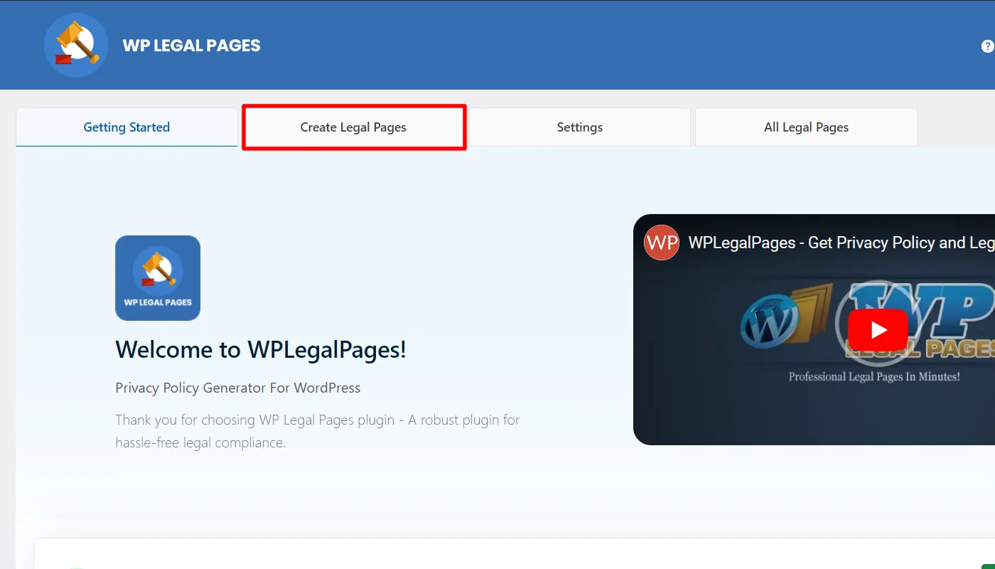 Clicking create legal pages