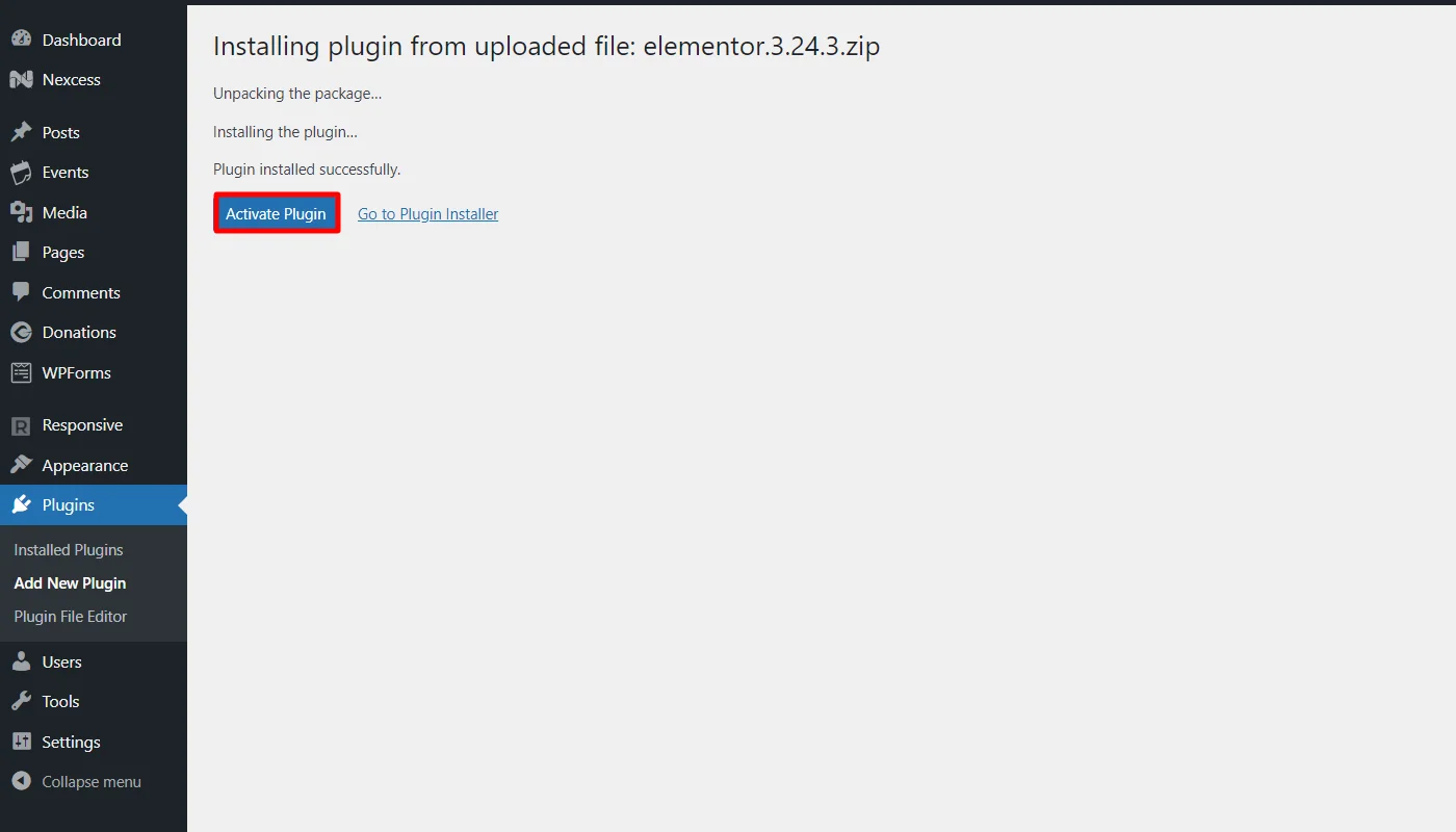 Activating Elemenetor plugin