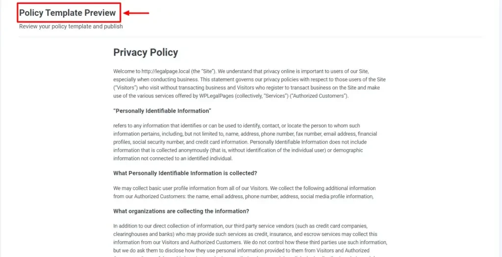 Previewing privacy policy.