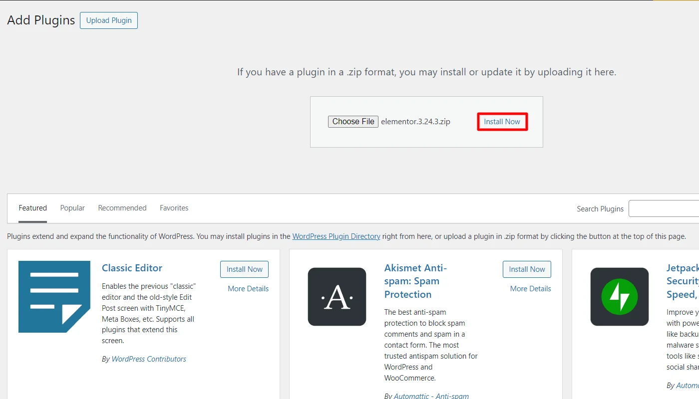 Installing elementor zip