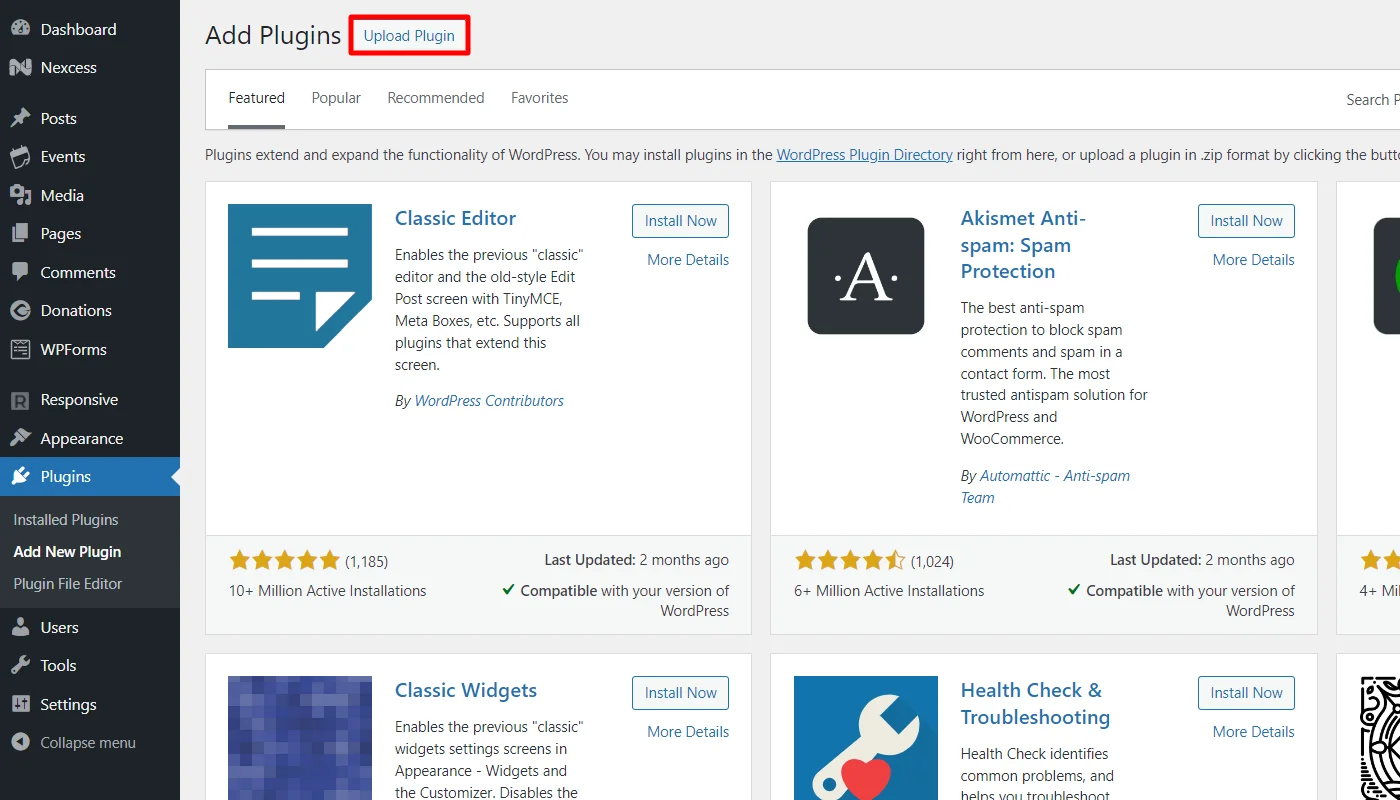 Clicking upload plugin